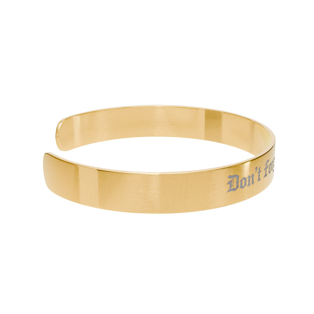 Engraved Gold Cuff Bracelet — "Don't Forget Your Prayers" Inspirational Jewelry