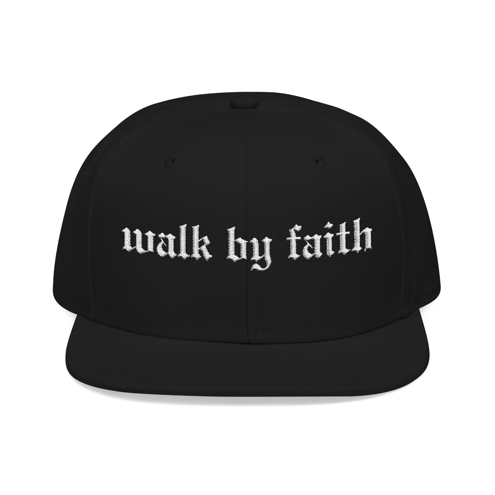 Embroidered 'Walk by Faith' Snapback Hat — Gothic Script Flat Brim Cap